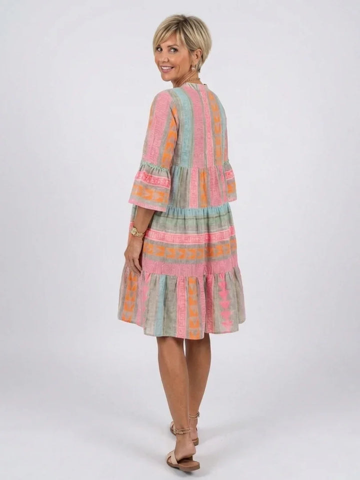 Maelle | Geometric Print V Neck Tiered Knee Length Dress