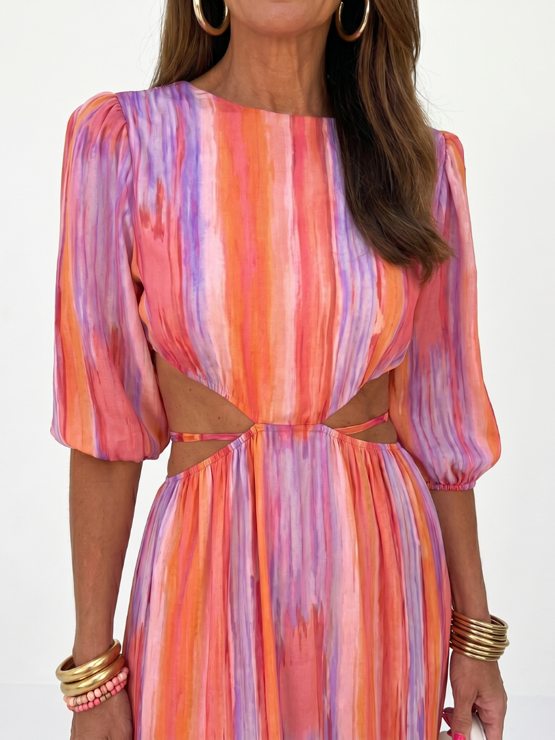 Gia | Vertical Stripe Cutout Waist Midi Dress