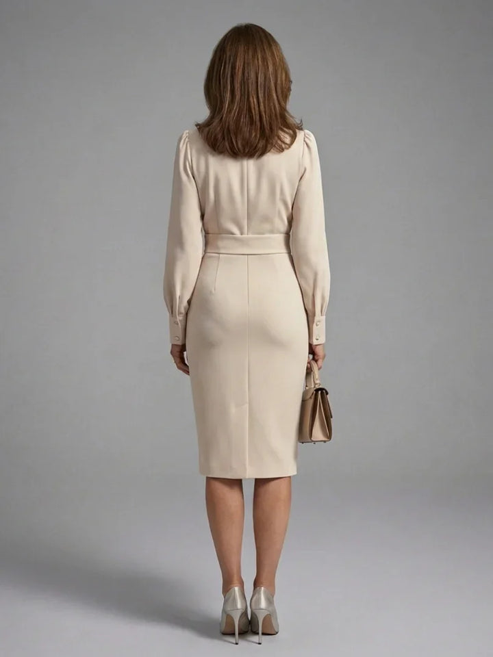 Kaelis | Long Sleeve Bow Neck Fitted Midi Dress