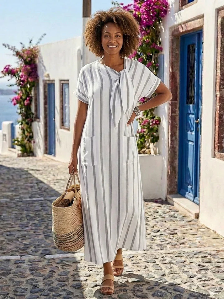 Elaris | Short Sleeve Striped Tie Neck Pocket Midi Dress