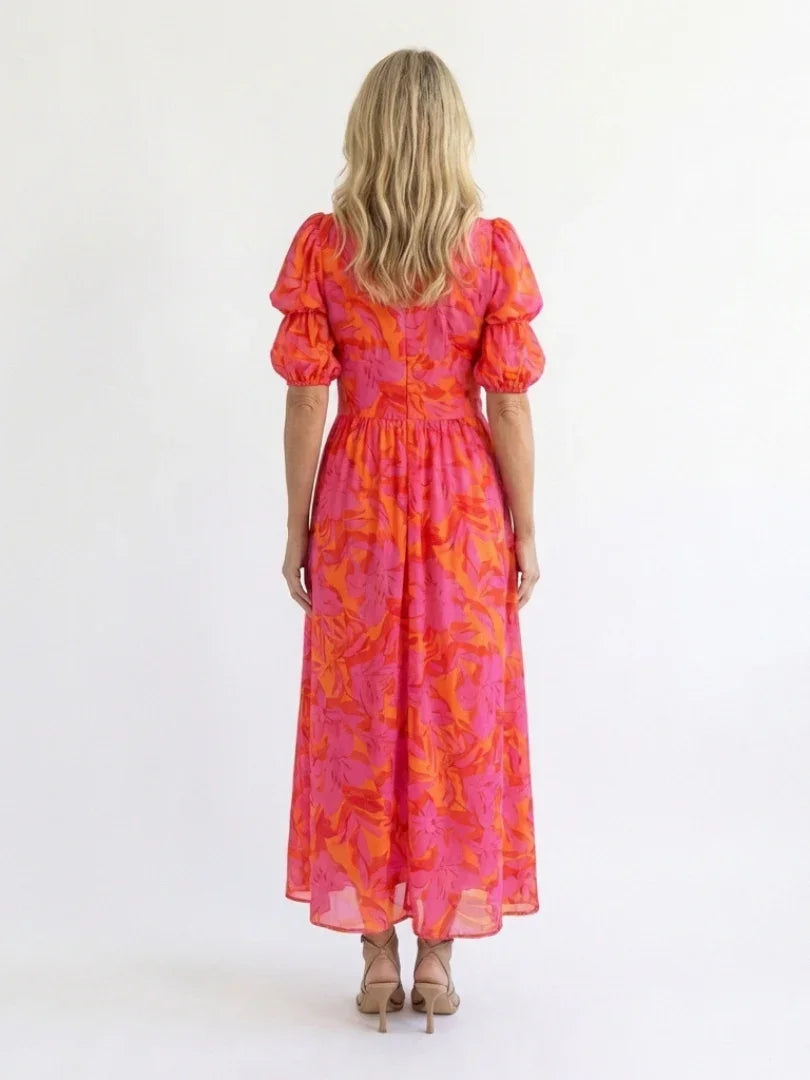 Willow | Floral V Neck Puff Sleeve Midi Dress