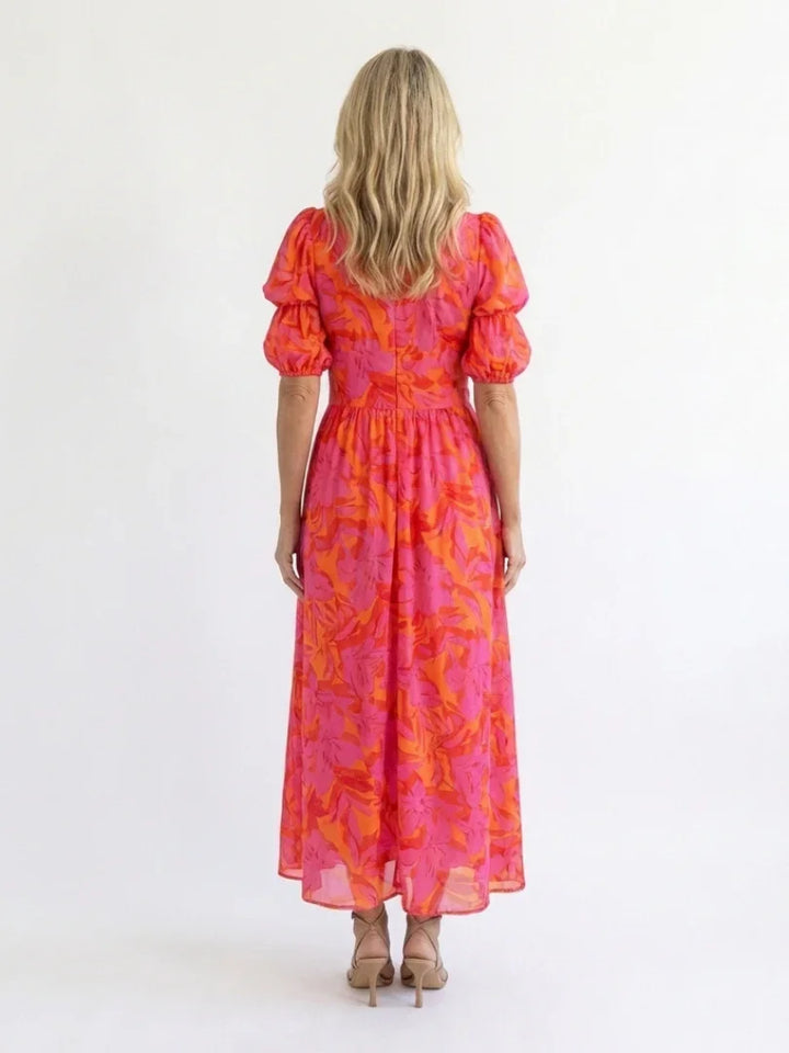 Willow | Floral V Neck Puff Sleeve Midi Dress
