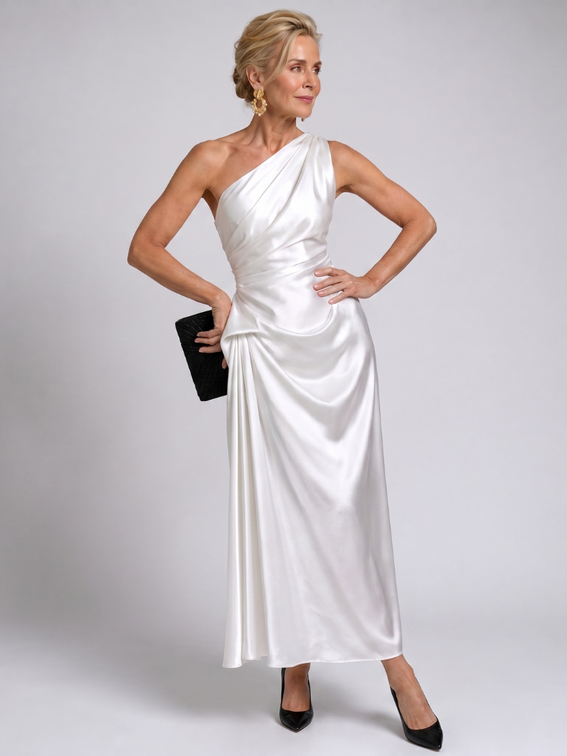 Zeima | One Shoulder Draped Satin Midi Dress
