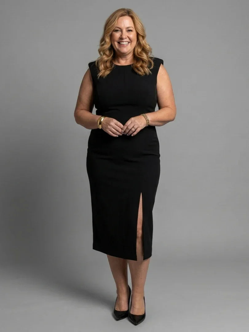 Thessaly | Sleeveless Structured Midi Dress with Front Slit