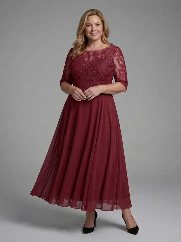 Olivine | Lace Bodice Sheer Sleeve Midi Dress