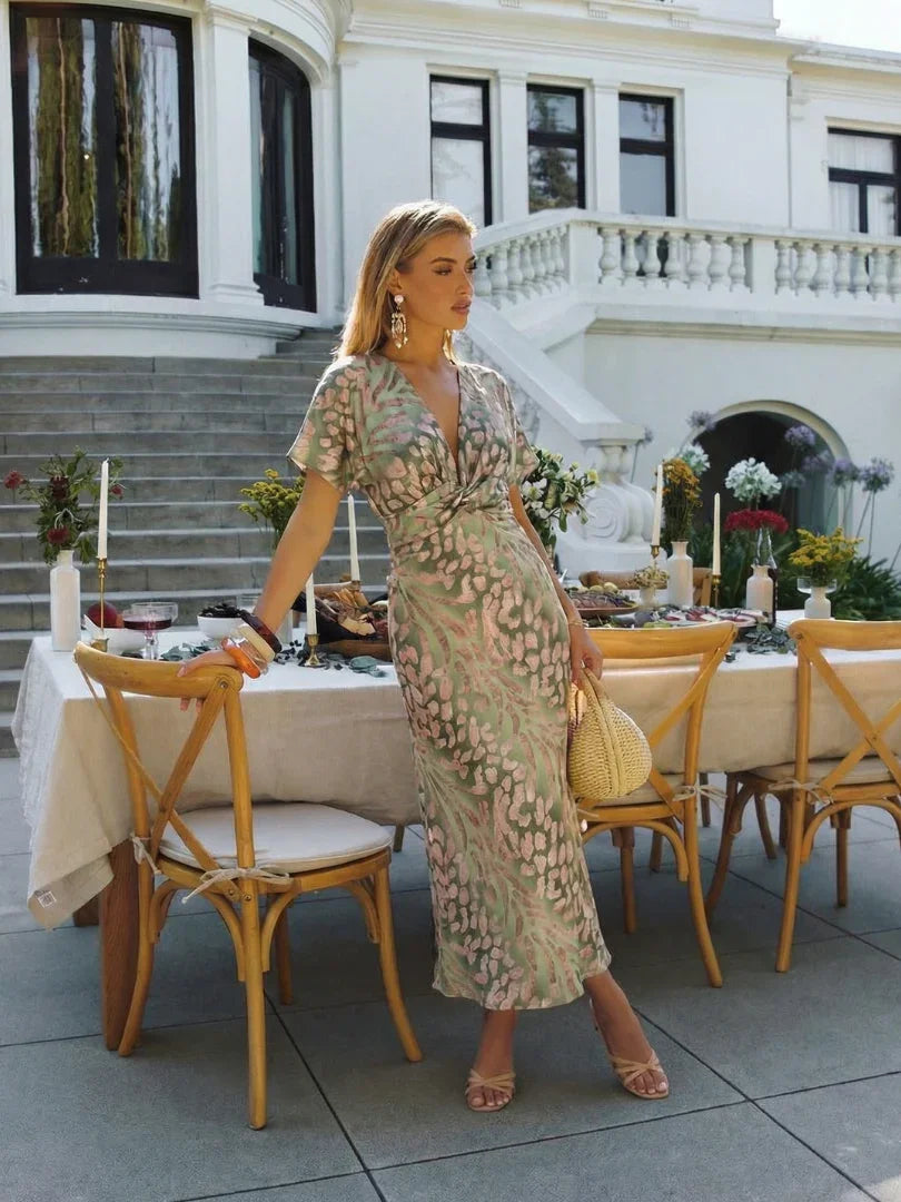 Coralie | Abstract Print V Neck Twist Waist Midi Dress