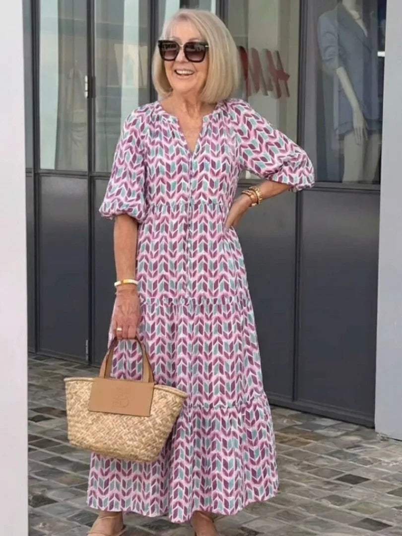 Mireya | Geometric Print Long Sleeve Tiered Midi Dress