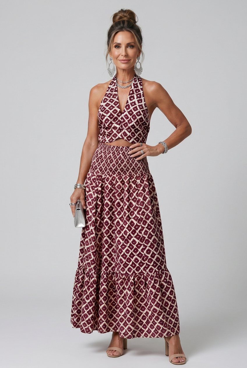 Amira | Cross Halter Geometric Print Cutout Midi Dress