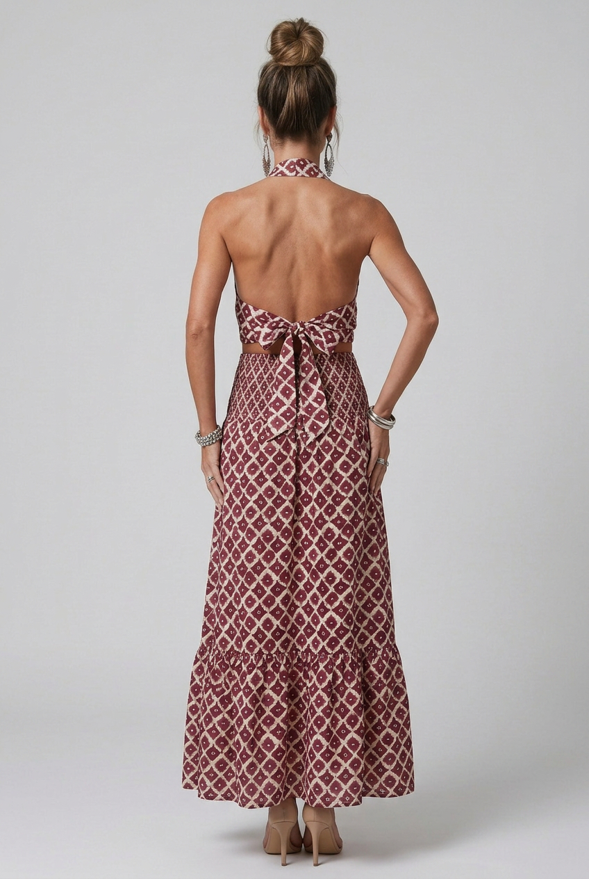 Amira | Cross Halter Geometric Print Cutout Midi Dress