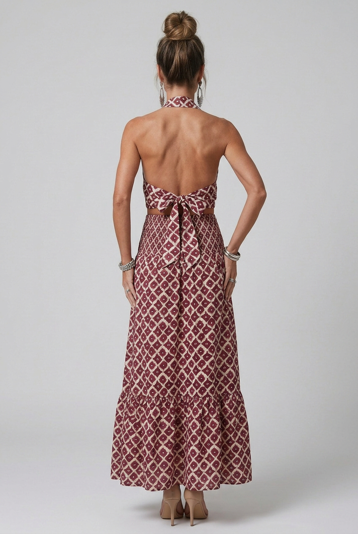 Amira | Cross Halter Geometric Print Cutout Midi Dress
