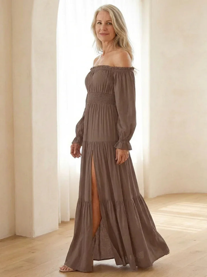 Aveline | Off Shoulder Long Sleeve Smocked Maxi Dress