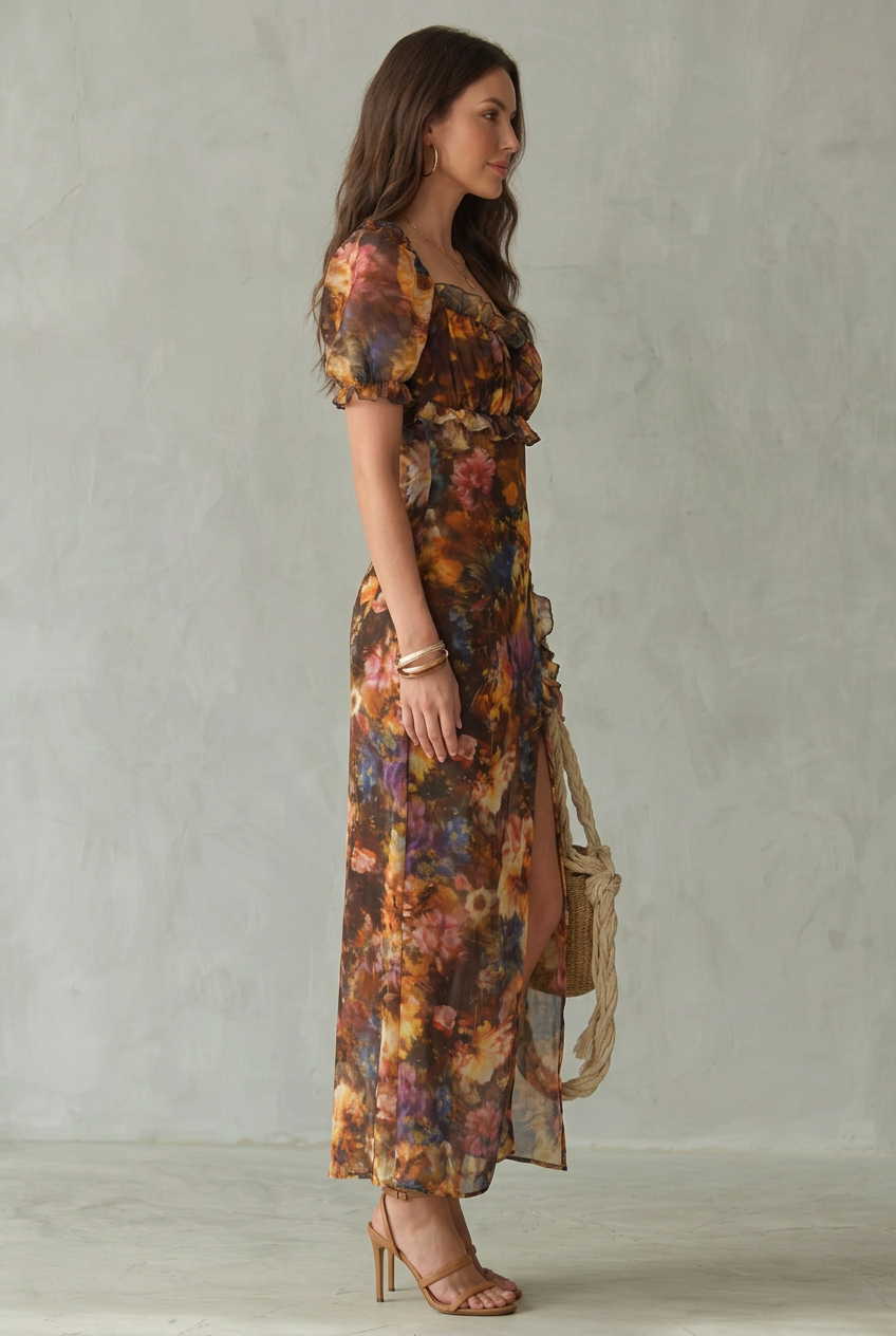 Ciel | Ruffled Sleeve Ruched Slit Midi Dress
