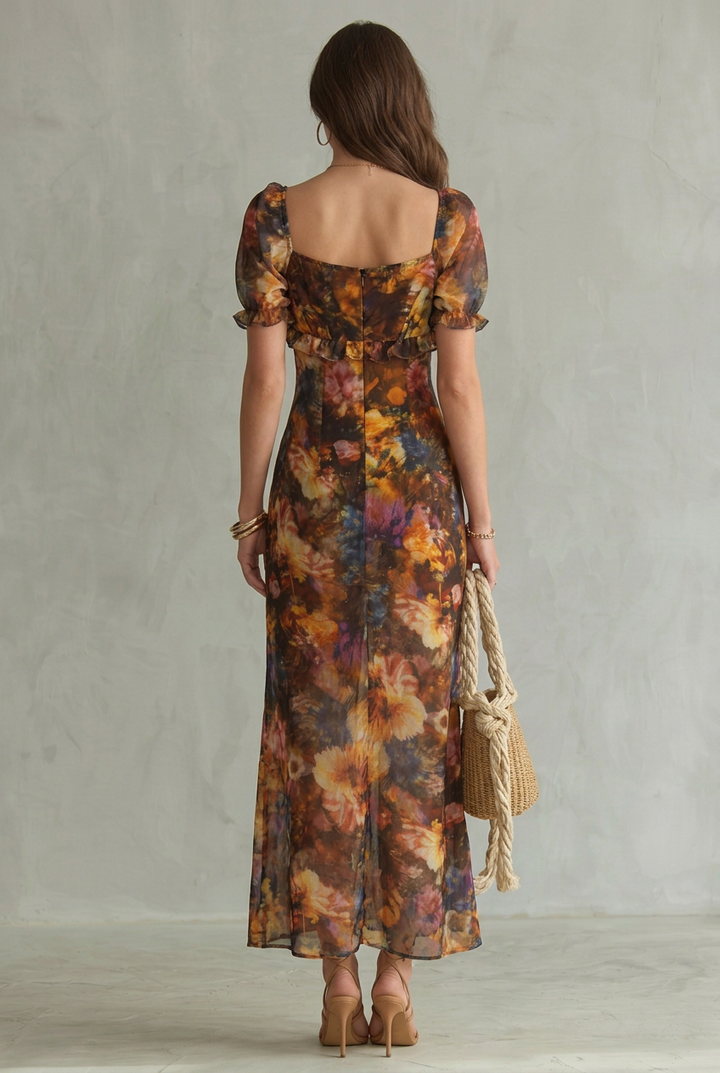 Ciel | Ruffled Sleeve Ruched Slit Midi Dress