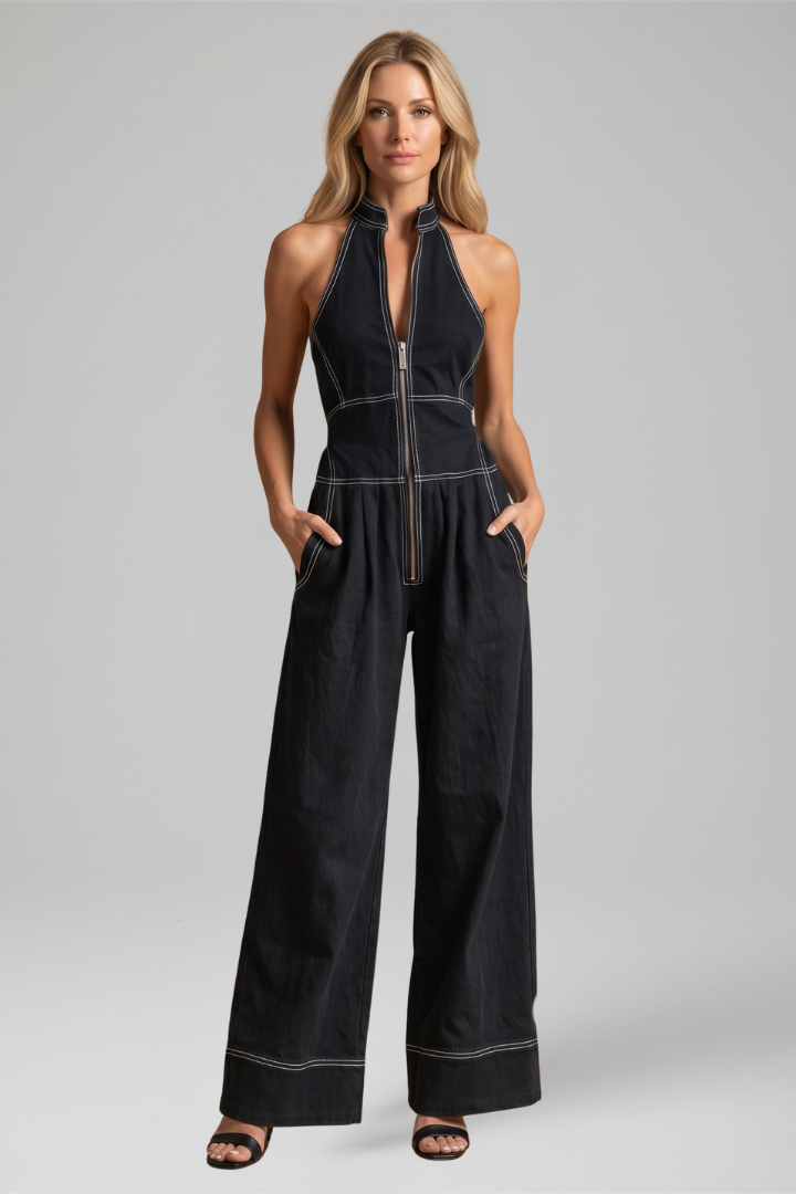 Dara | Zip Front Contrast Stitch Wide Leg Jumpsuit