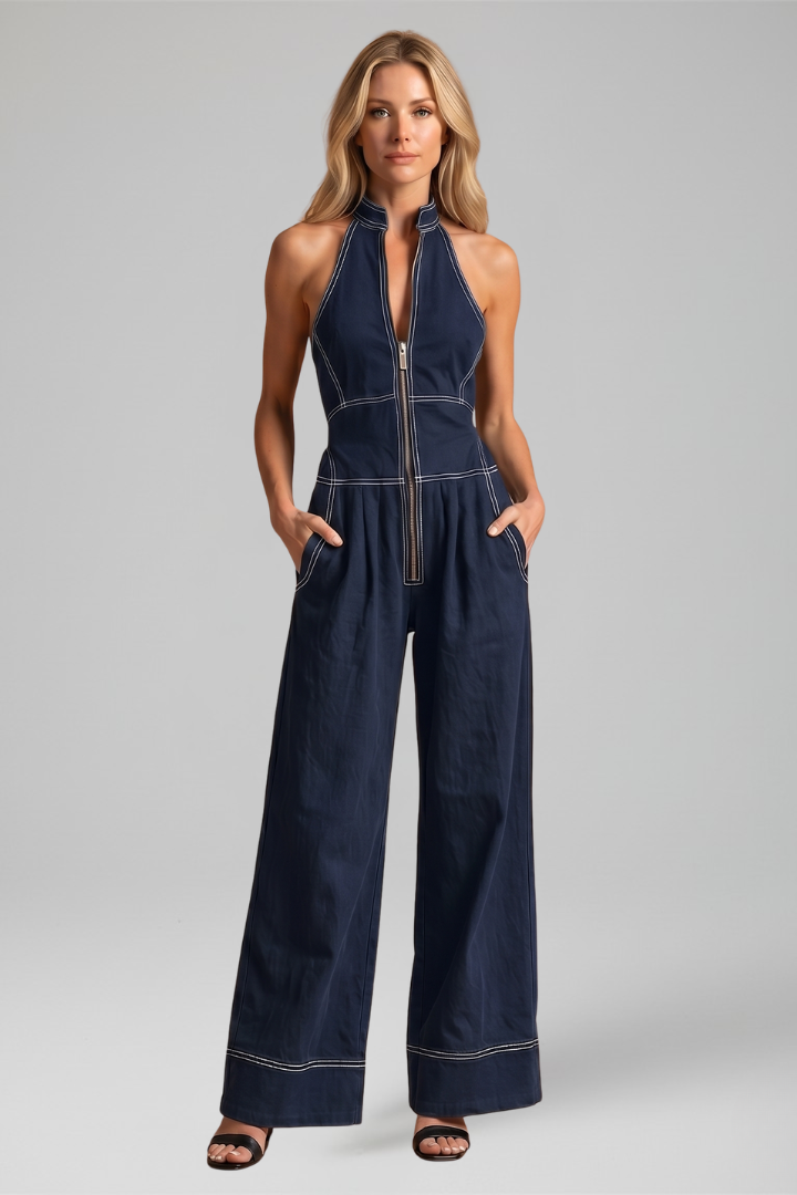 Dara | Zip Front Contrast Stitch Wide Leg Jumpsuit