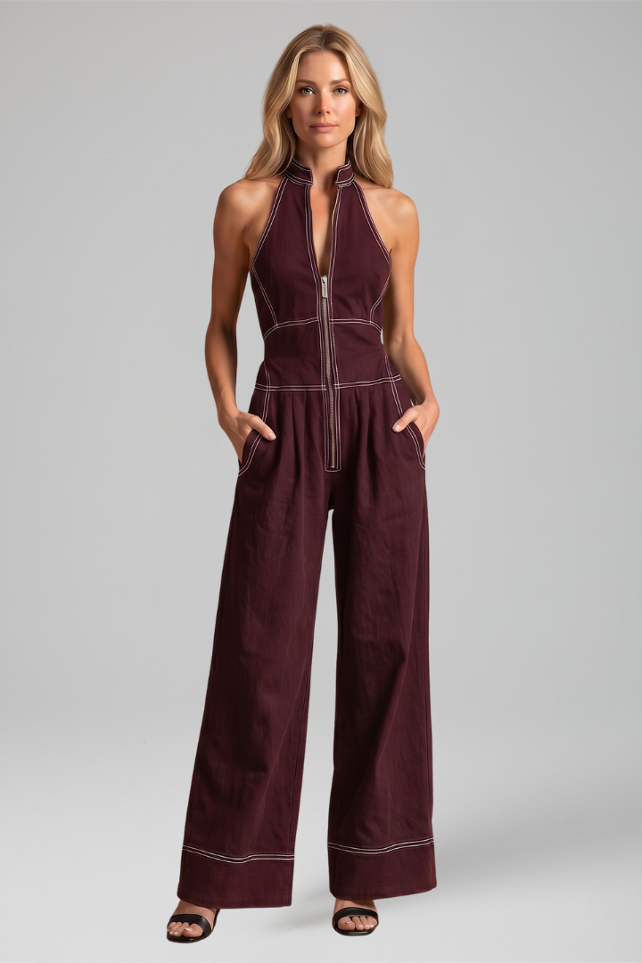 Dara | Zip Front Contrast Stitch Wide Leg Jumpsuit