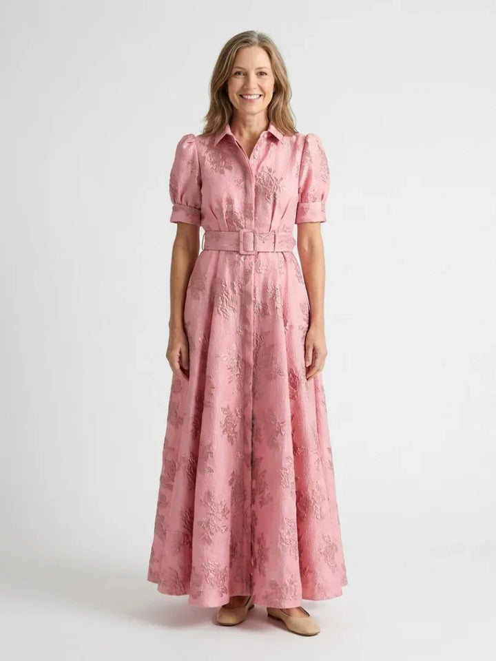 Xanthea | Short Sleeve Belted Floral Textured Maxi Shirt Dress