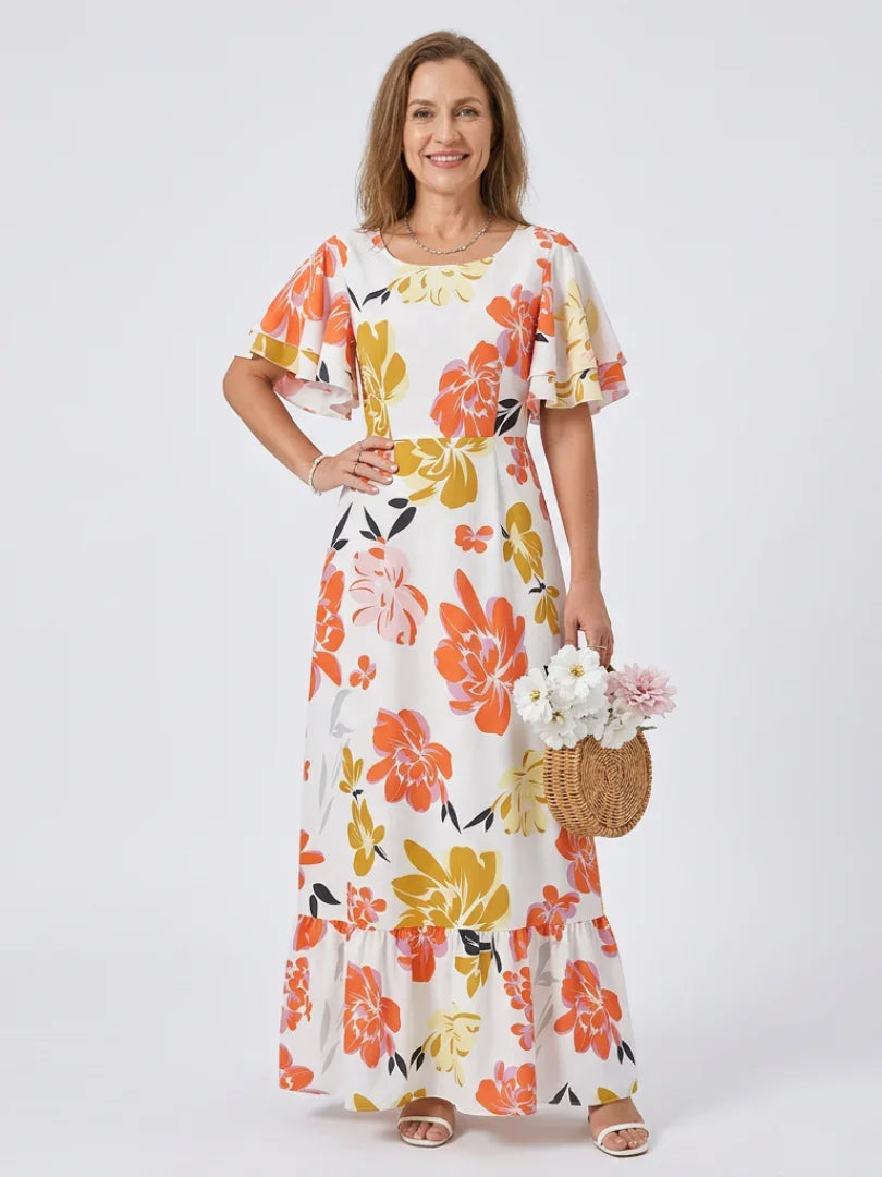 Elowen | Round Neck Short Sleeve Tiered Maxi Dress