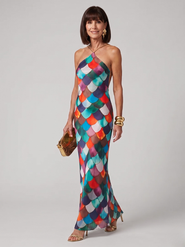 Larkin | Fitted Multicolor Scale Pattern Maxi Dress