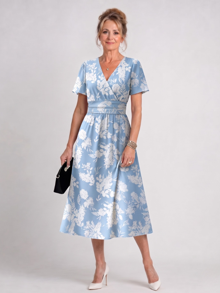 Marion | Floral Print Short Sleeve V Neck Midi Dress