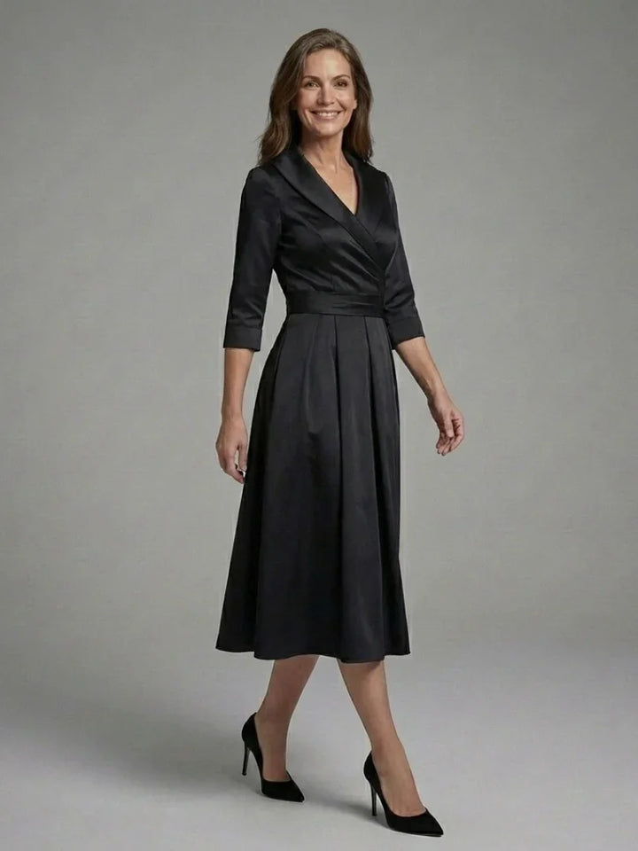 Genevieve | Three Quarter Sleeve Wrap Bodice Midi Dress