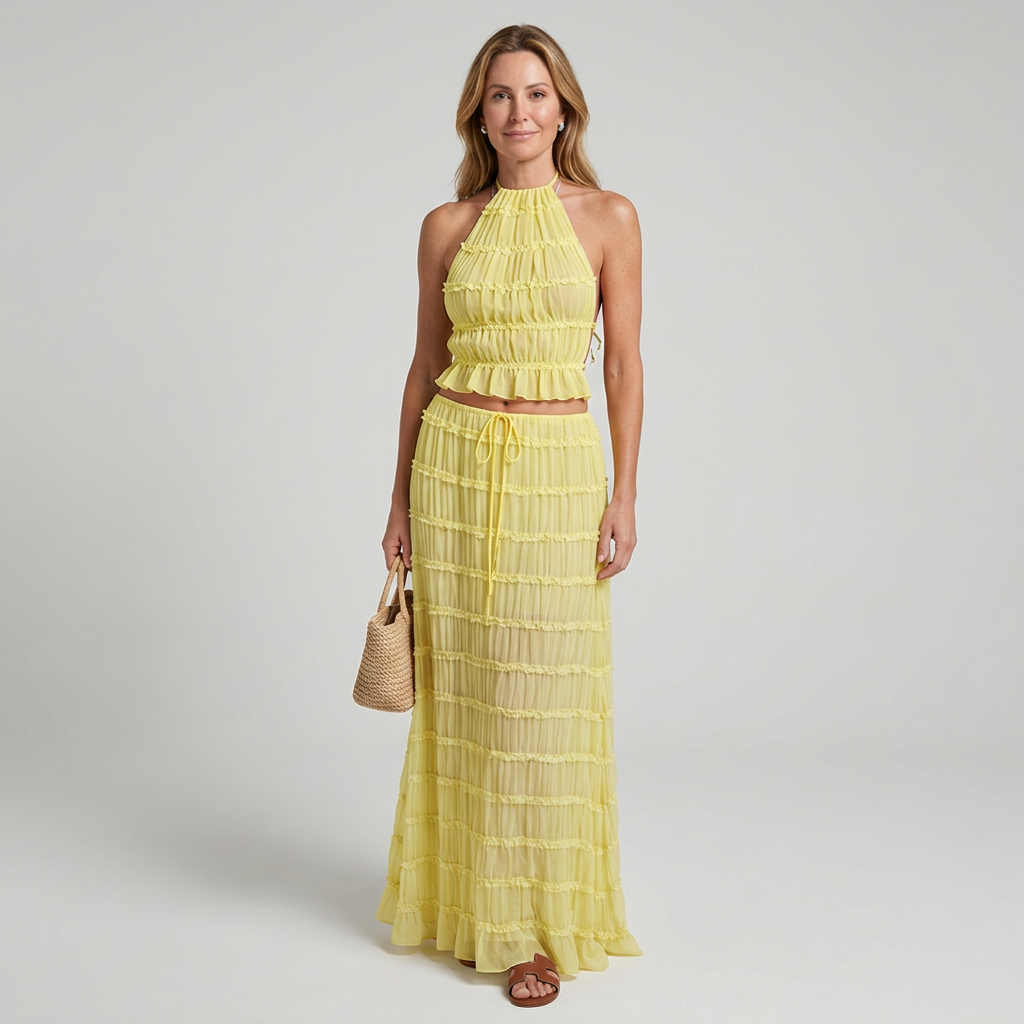 Jolene | Ruffled Halter Crop Top and Drawstring Maxi Skirt Set