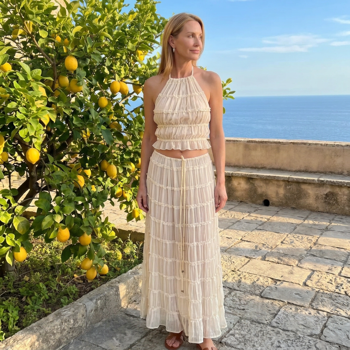 Jolene | Ruffled Halter Crop Top and Drawstring Maxi Skirt Set