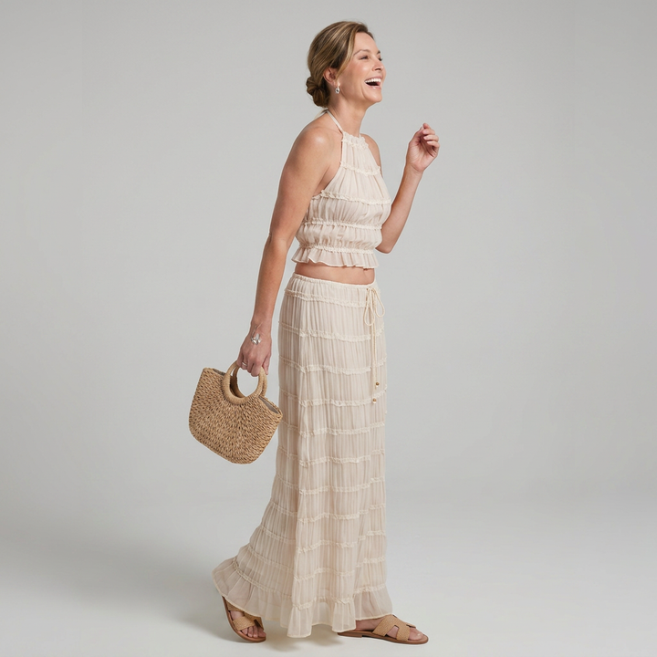 Jolene | Ruffled Halter Crop Top and Drawstring Maxi Skirt Set