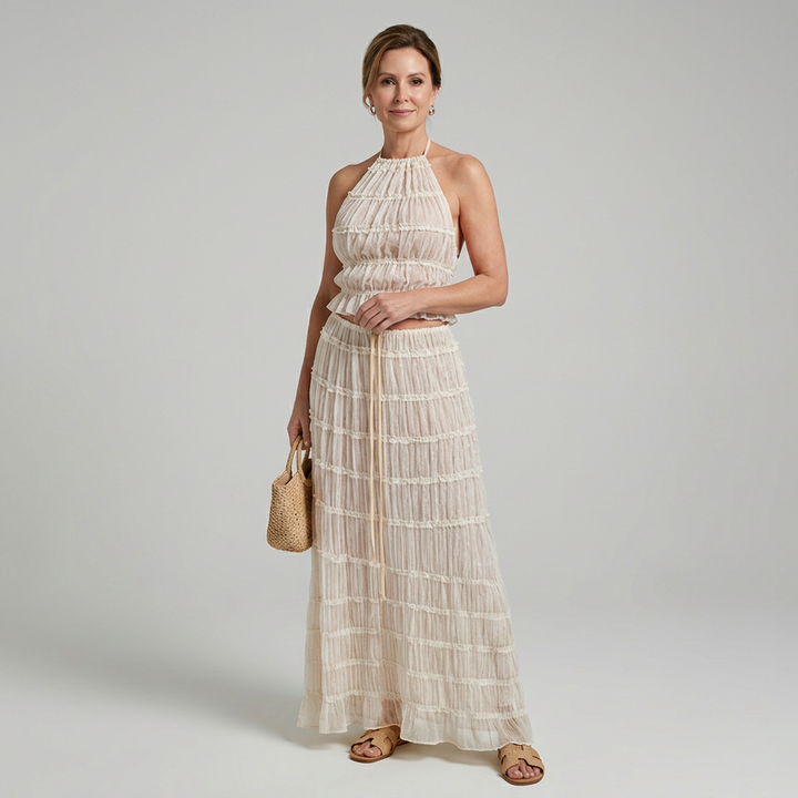 Jolene | Ruffled Halter Crop Top and Drawstring Maxi Skirt Set