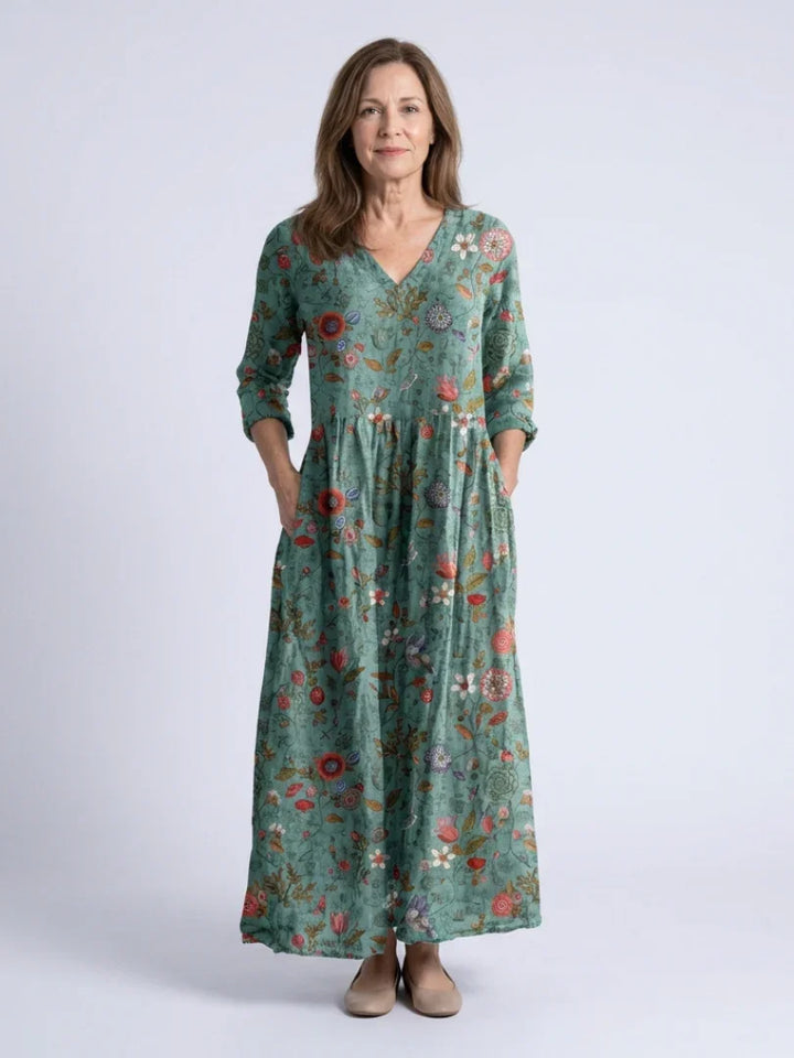 Marina | Floral V Neck Three Quarter Sleeve Maxi Dress