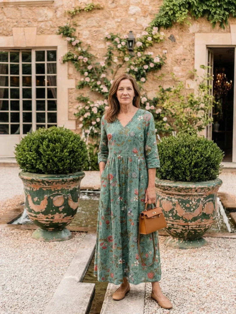 Marina | Floral V Neck Three Quarter Sleeve Maxi Dress