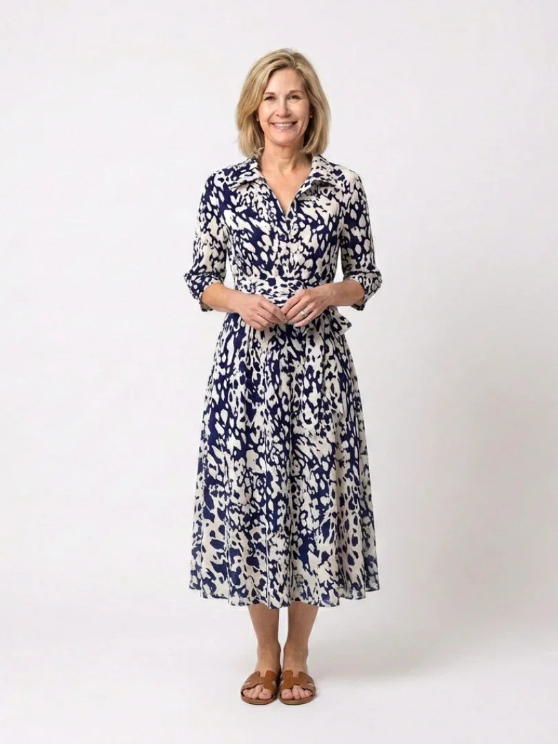 Oriana | Collared Long Sleeve Waist Tie Midi Dress
