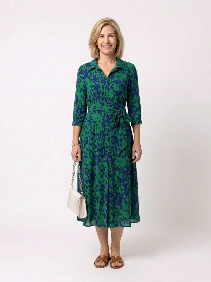 Oriana | Collared Long Sleeve Waist Tie Midi Dress