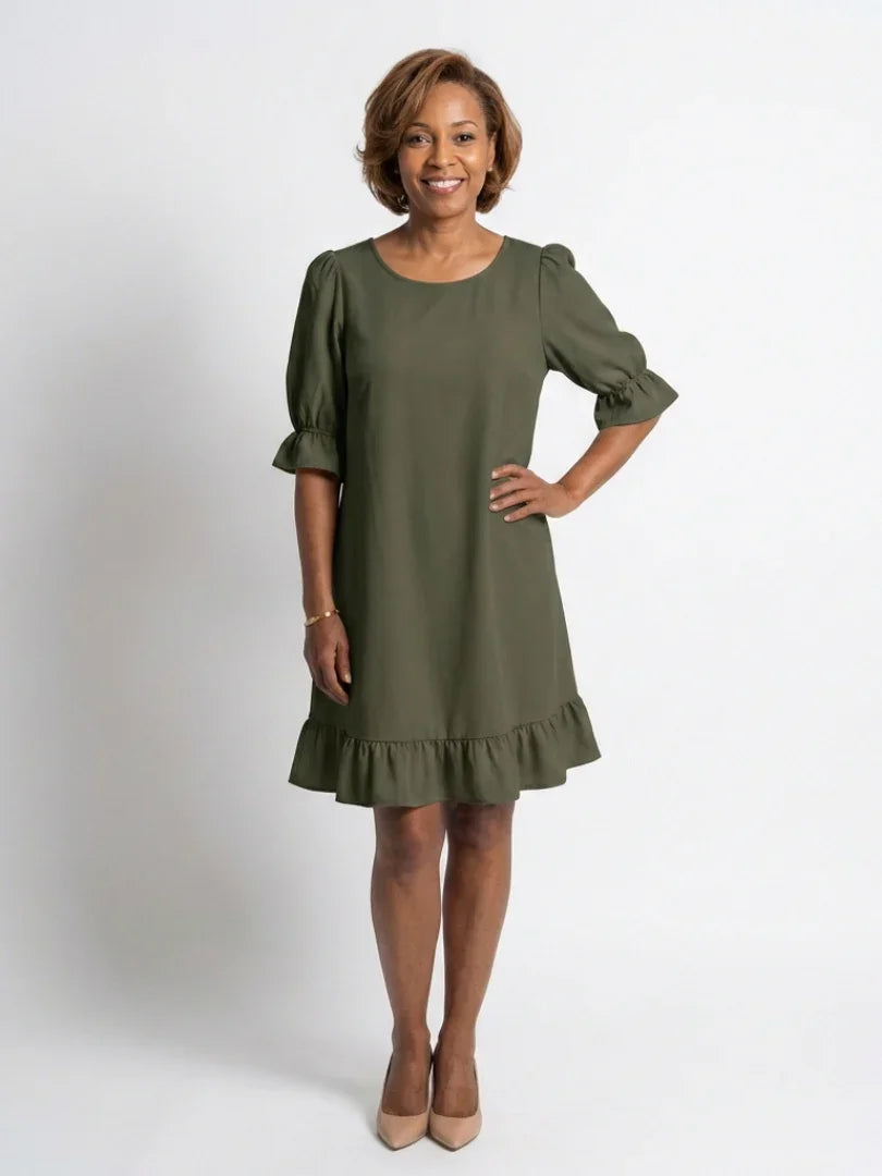 Helen | Short Sleeve Ruffle Hem Knee Length Dress