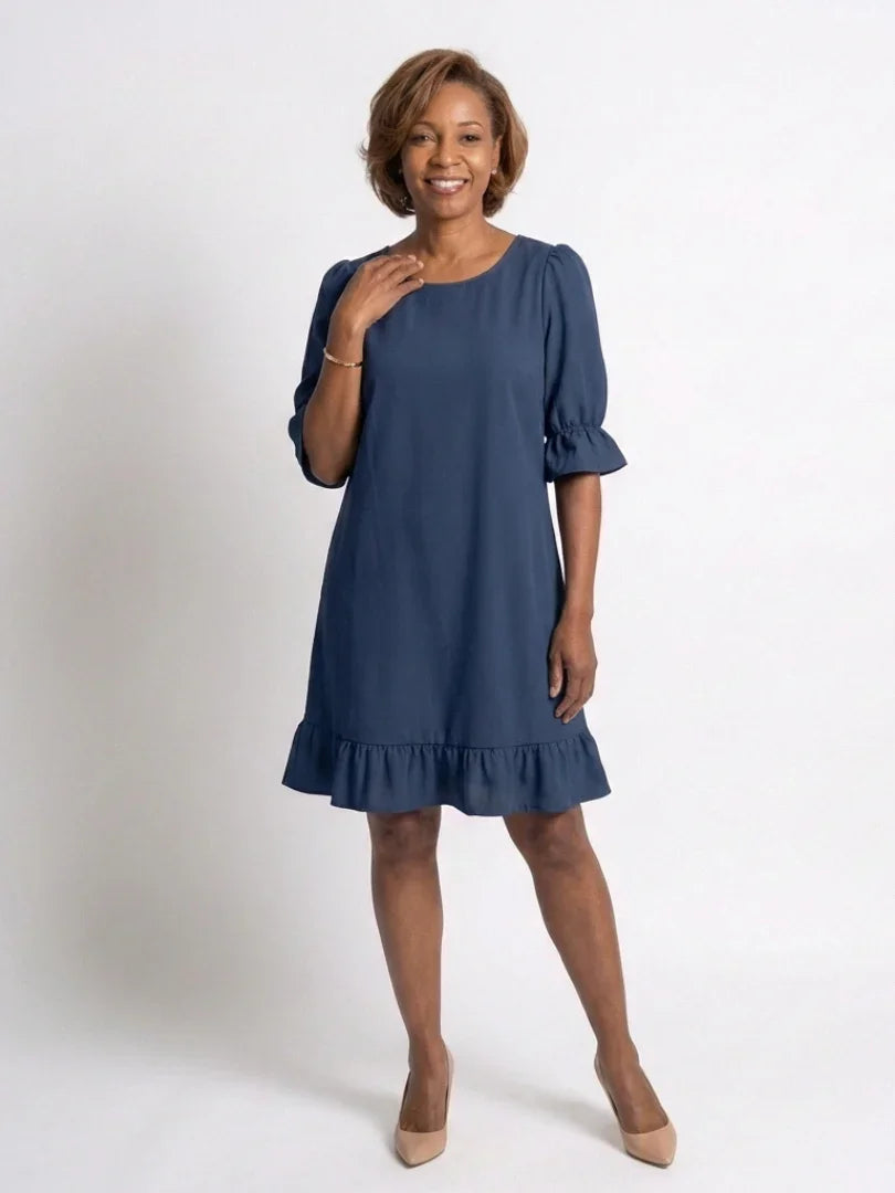 Helen | Short Sleeve Ruffle Hem Knee Length Dress