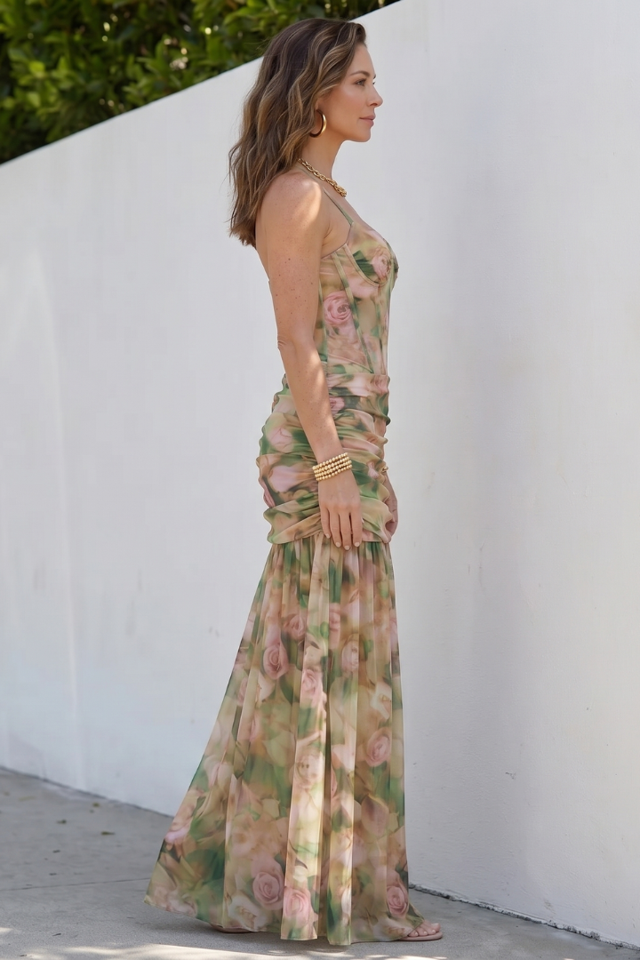 Marigold | Spaghetti Strap Sheer Overlay Midi Dress
