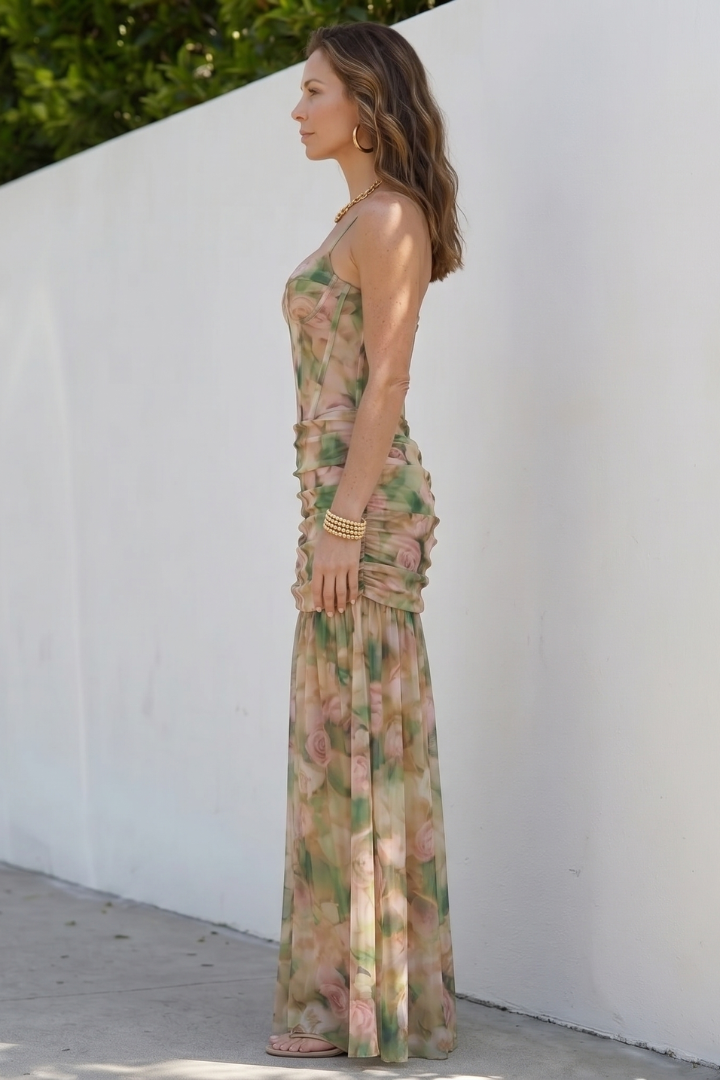 Marigold | Spaghetti Strap Sheer Overlay Midi Dress