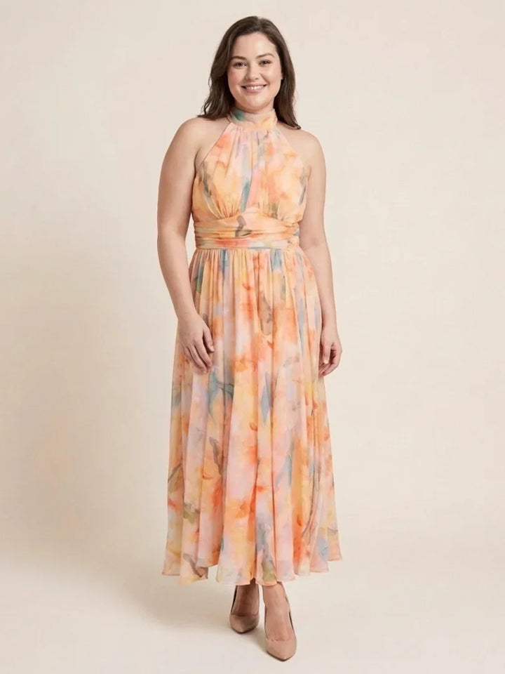 Elara | Sleeveless High Neck Gathered Waist Midi Dress