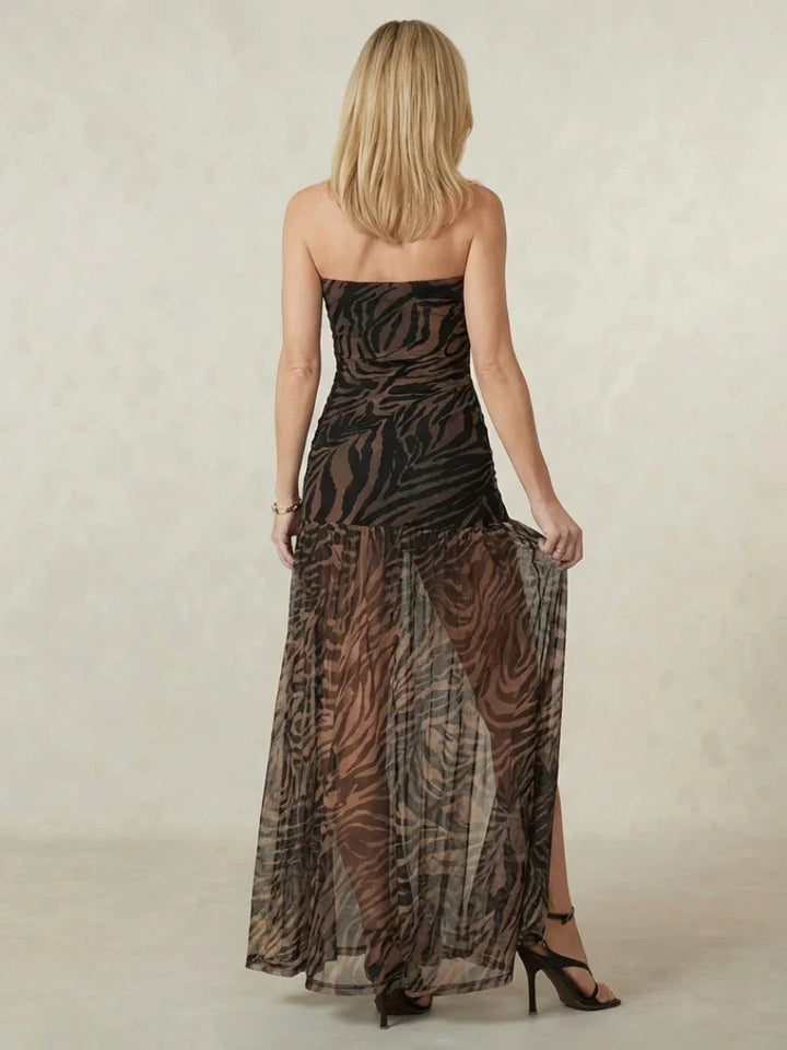 Zahara | Strapless Ruched Sheer Overlay Maxi Dress