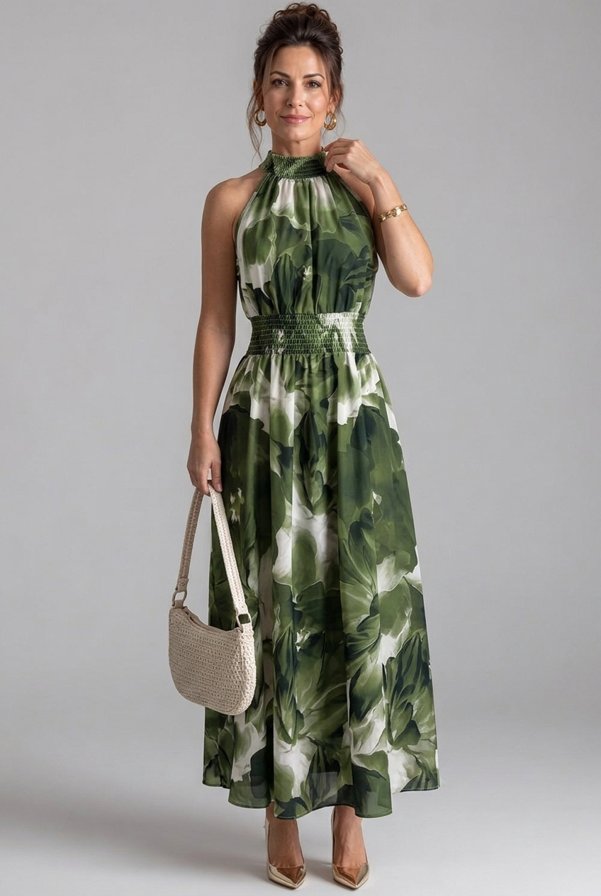 Olivia | Gathered Waist Abstract Print Midi Dress