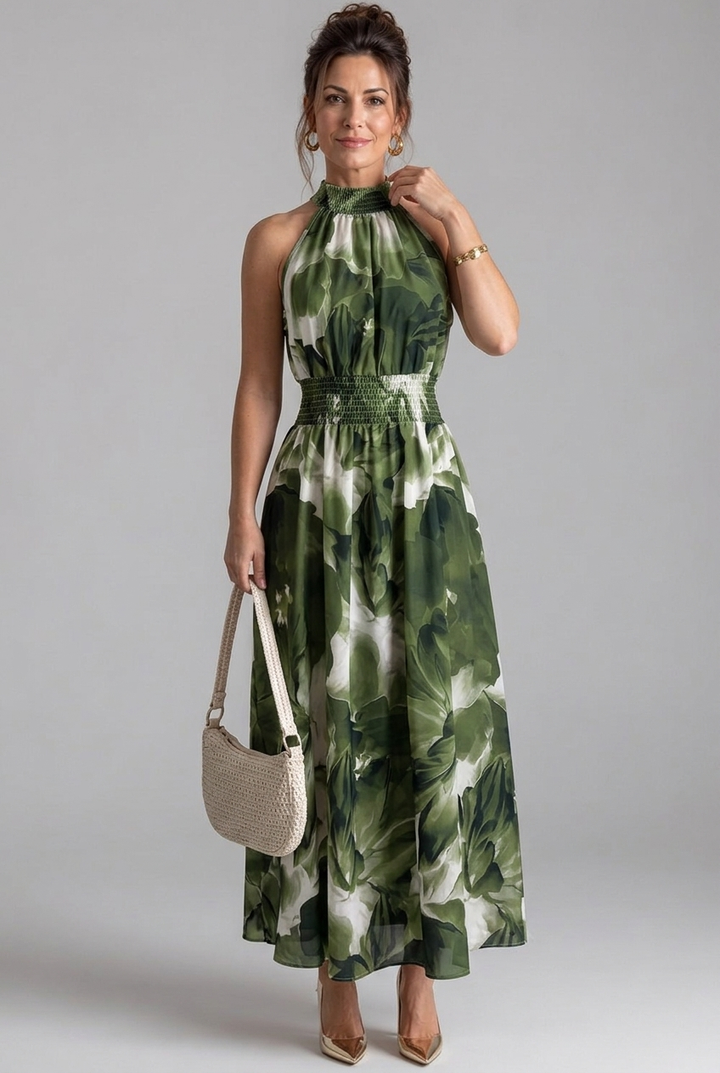 Olivia | Gathered Waist Abstract Print Midi Dress