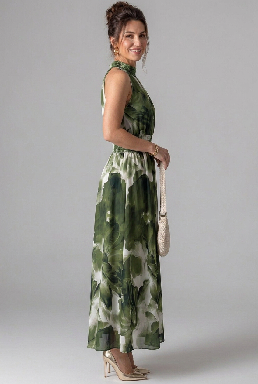 Olivia | Gathered Waist Abstract Print Midi Dress