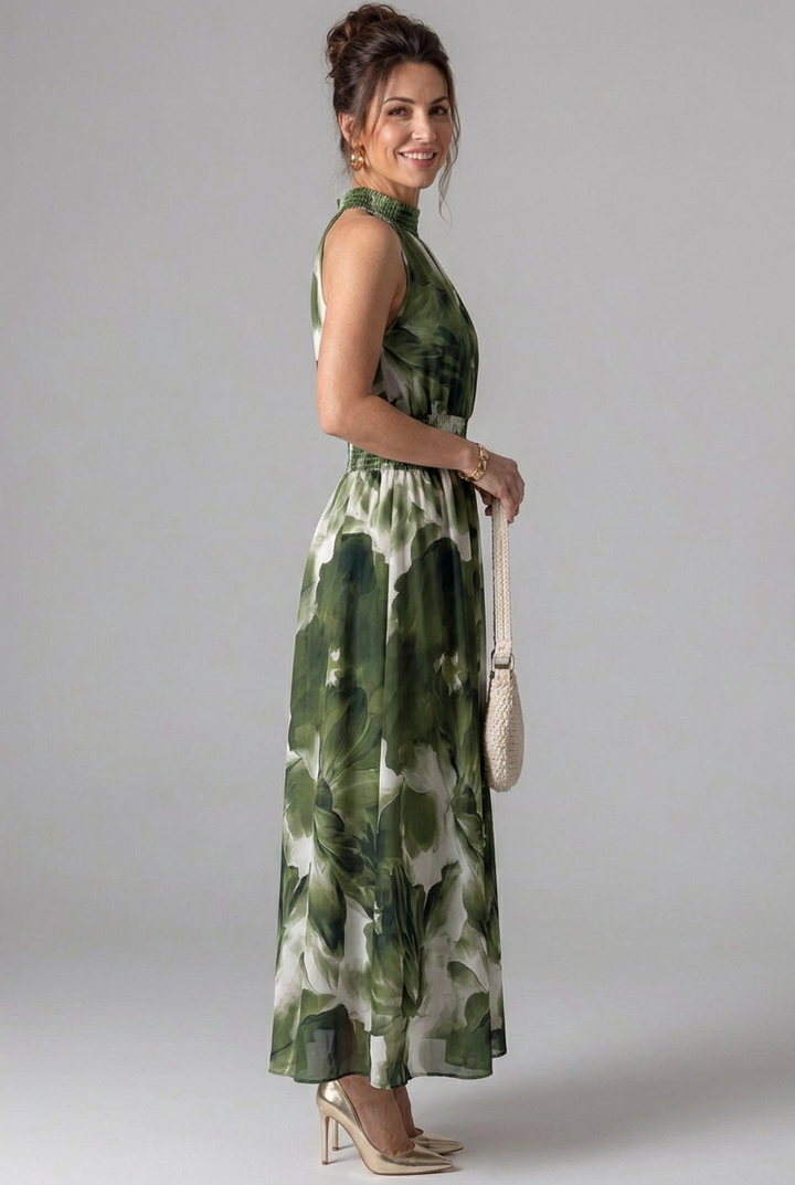 Olivia | Gathered Waist Abstract Print Midi Dress