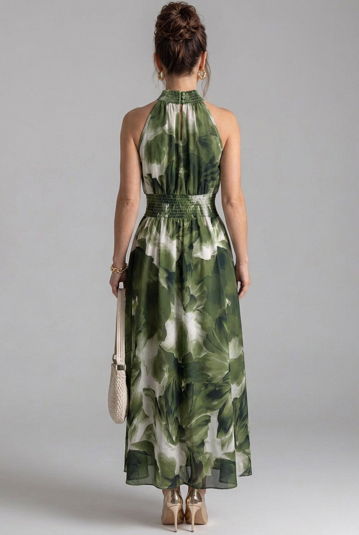 Olivia | Gathered Waist Abstract Print Midi Dress
