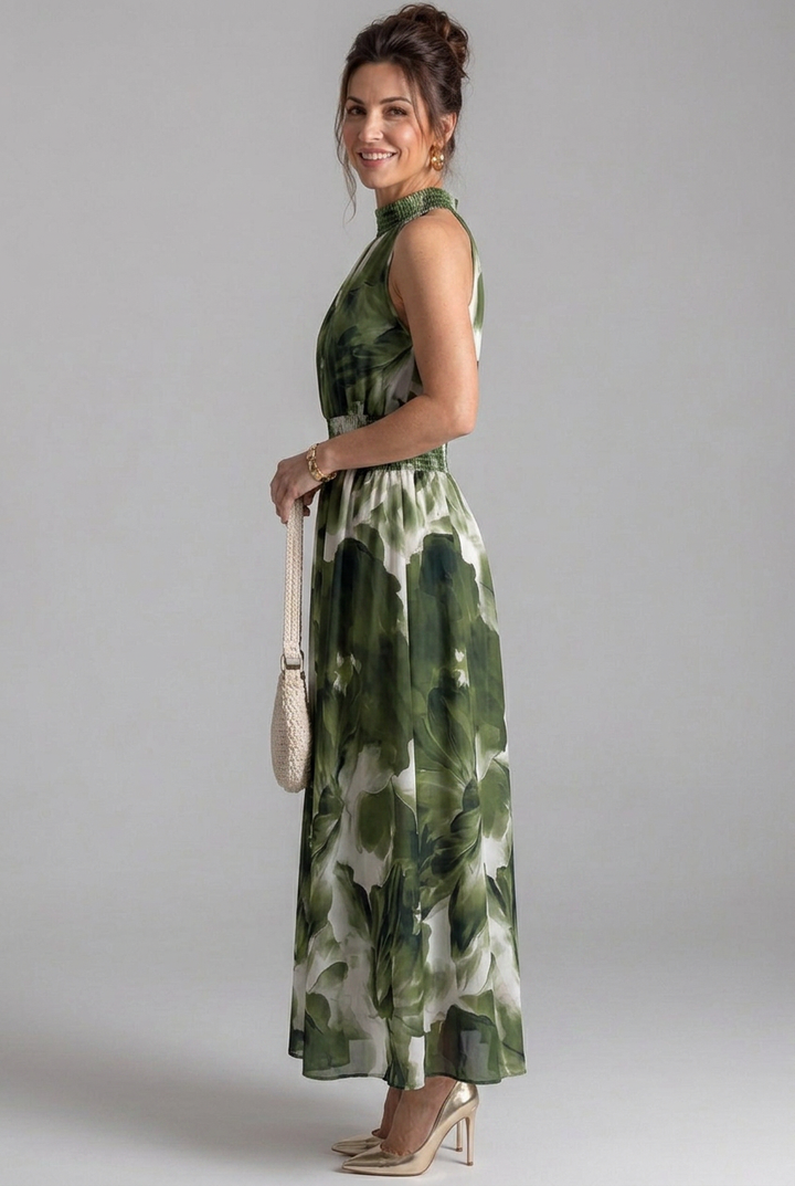 Olivia | Gathered Waist Abstract Print Midi Dress