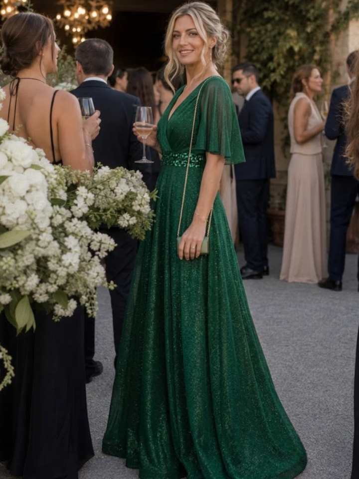 Orelia | Glitter V-Neck Flutter Sleeve Maxi Dress