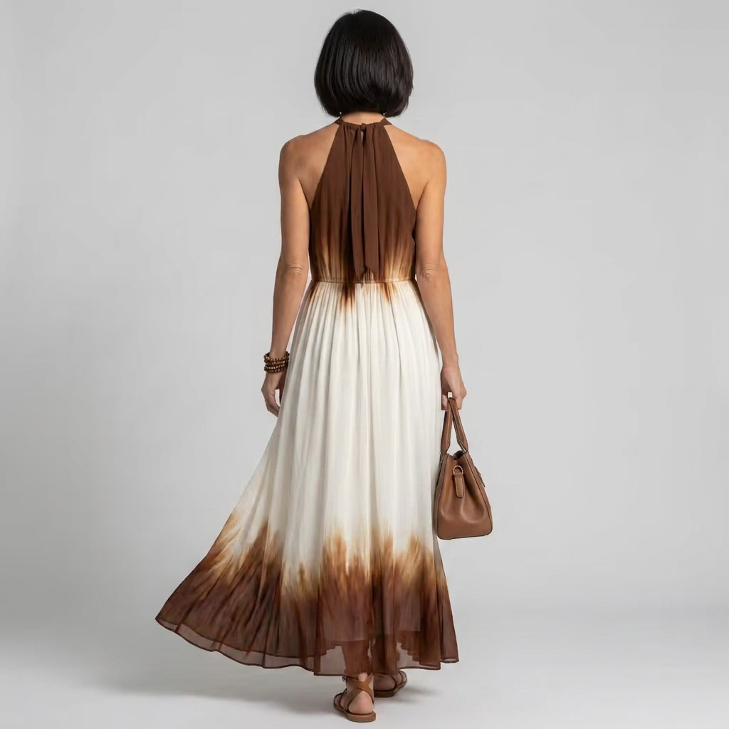 Orlune | Women’s Halter Pleated Maxi Dress with Ombre Detail