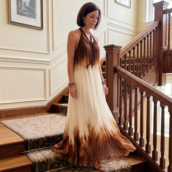 Orlune | Women’s Halter Pleated Maxi Dress with Ombre Detail