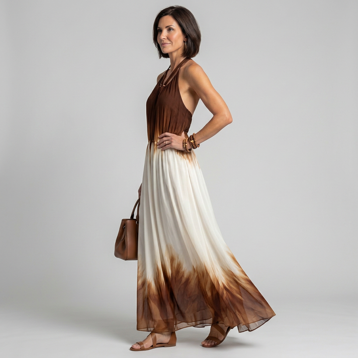 Orlune | Women’s Halter Pleated Maxi Dress with Ombre Detail