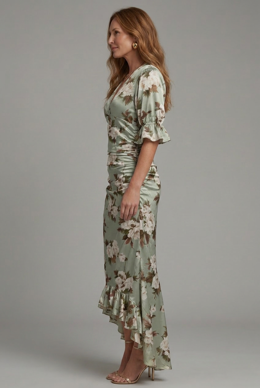 Palm | Short Sleeve V Neck Ruched Waist Midi Dress